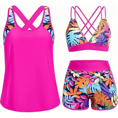 Women's Three-Piece Split Swimsuit With Pockets,-Back Design, Bikini With Shorts, Sports Swimwear, Summer Clothing, Vacation Wear