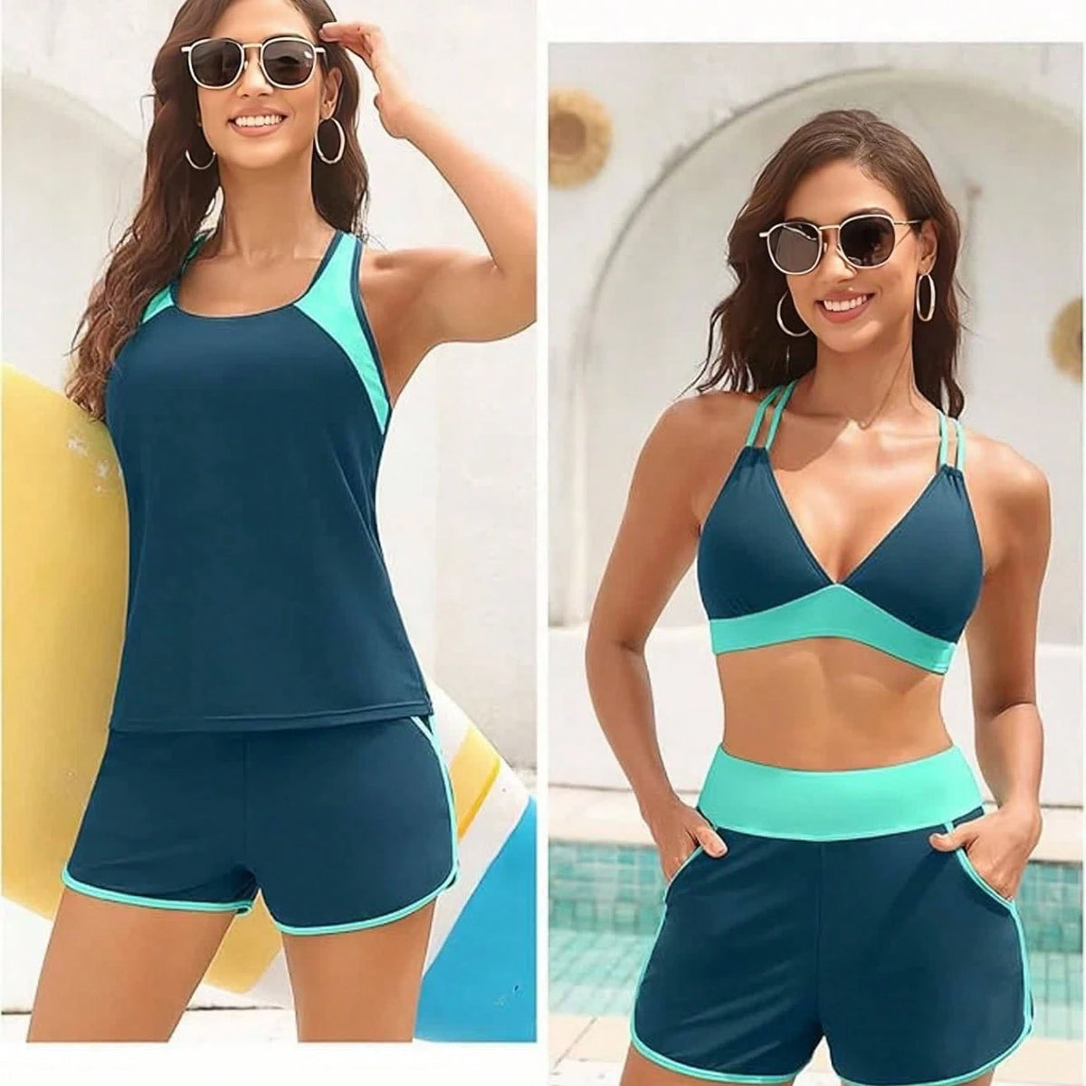 Women's Three-Piece Split Swimsuit With Pockets,-Back Design, Bikini With Shorts, Sports Swimwear, Summer Clothing, Vacation Wear