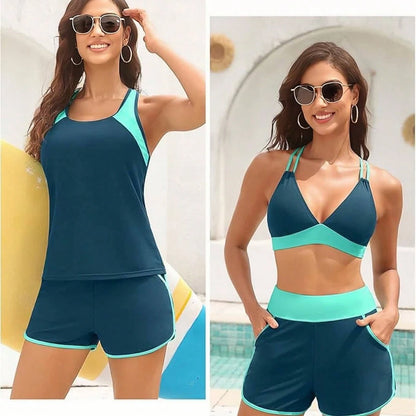 Women's Three-Piece Split Swimsuit With Pockets,-Back Design, Bikini With Shorts, Sports Swimwear, Summer Clothing, Vacation Wear