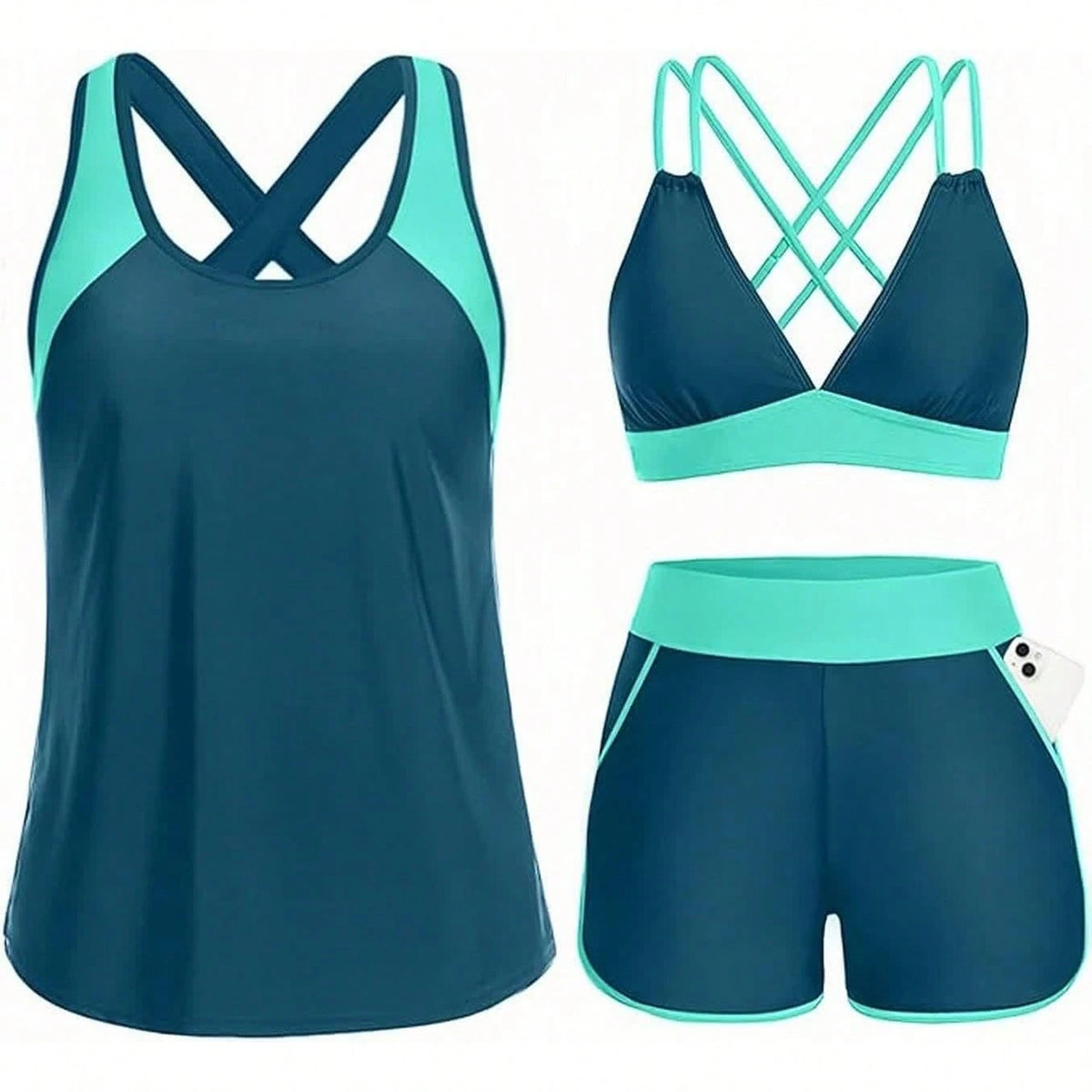 Women's Three-Piece Split Swimsuit With Pockets,-Back Design, Bikini With Shorts, Sports Swimwear, Summer Clothing, Vacation Wear
