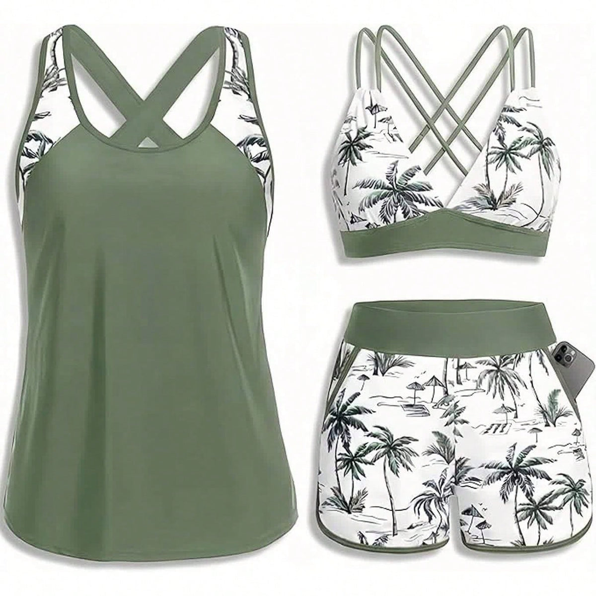 Women's Three-Piece Split Swimsuit With Pockets,-Back Design, Bikini With Shorts, Sports Swimwear, Summer Clothing, Vacation Wear