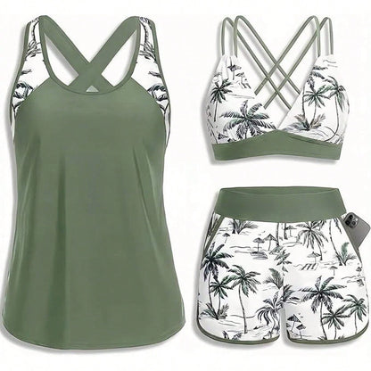 Women's Three-Piece Split Swimsuit With Pockets,-Back Design, Bikini With Shorts, Sports Swimwear, Summer Clothing, Vacation Wear