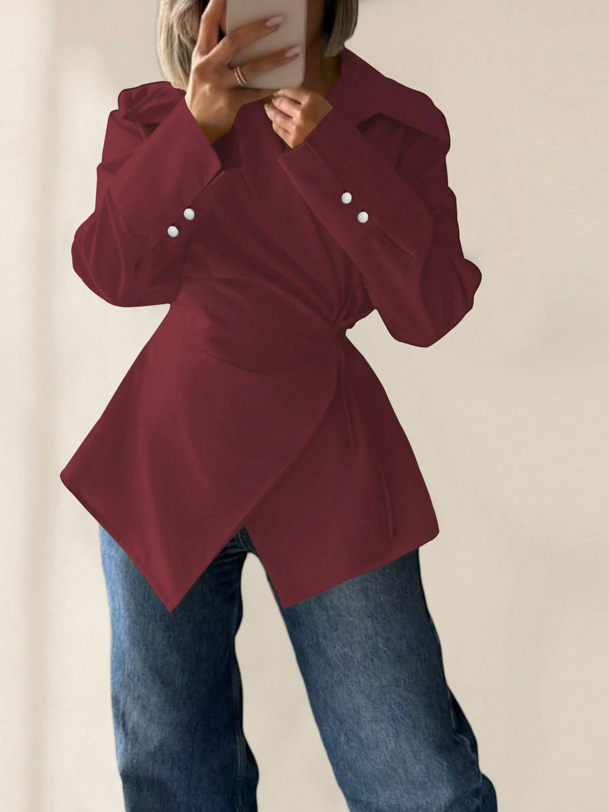 Women's Waist Tie Long Sleeve Unique Solid Color Casual Shirt, Polyester, Spring/Summer