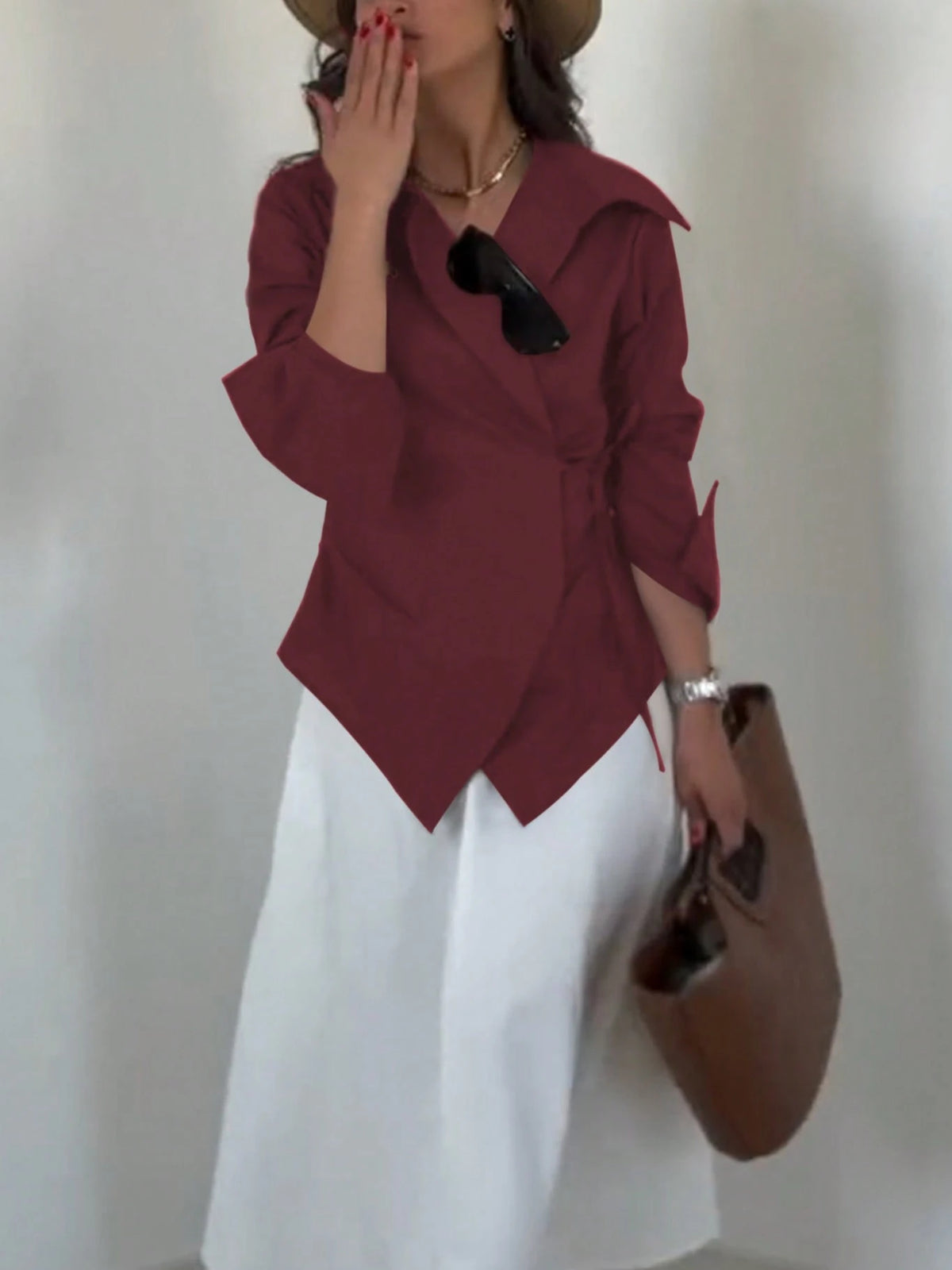Women's Waist Tie Long Sleeve Unique Solid Color Casual Shirt, Polyester, Spring/Summer