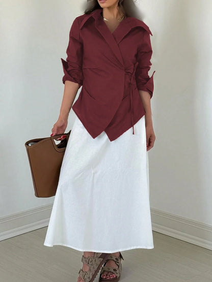 Women's Waist Tie Long Sleeve Unique Solid Color Casual Shirt, Polyester, Spring/Summer