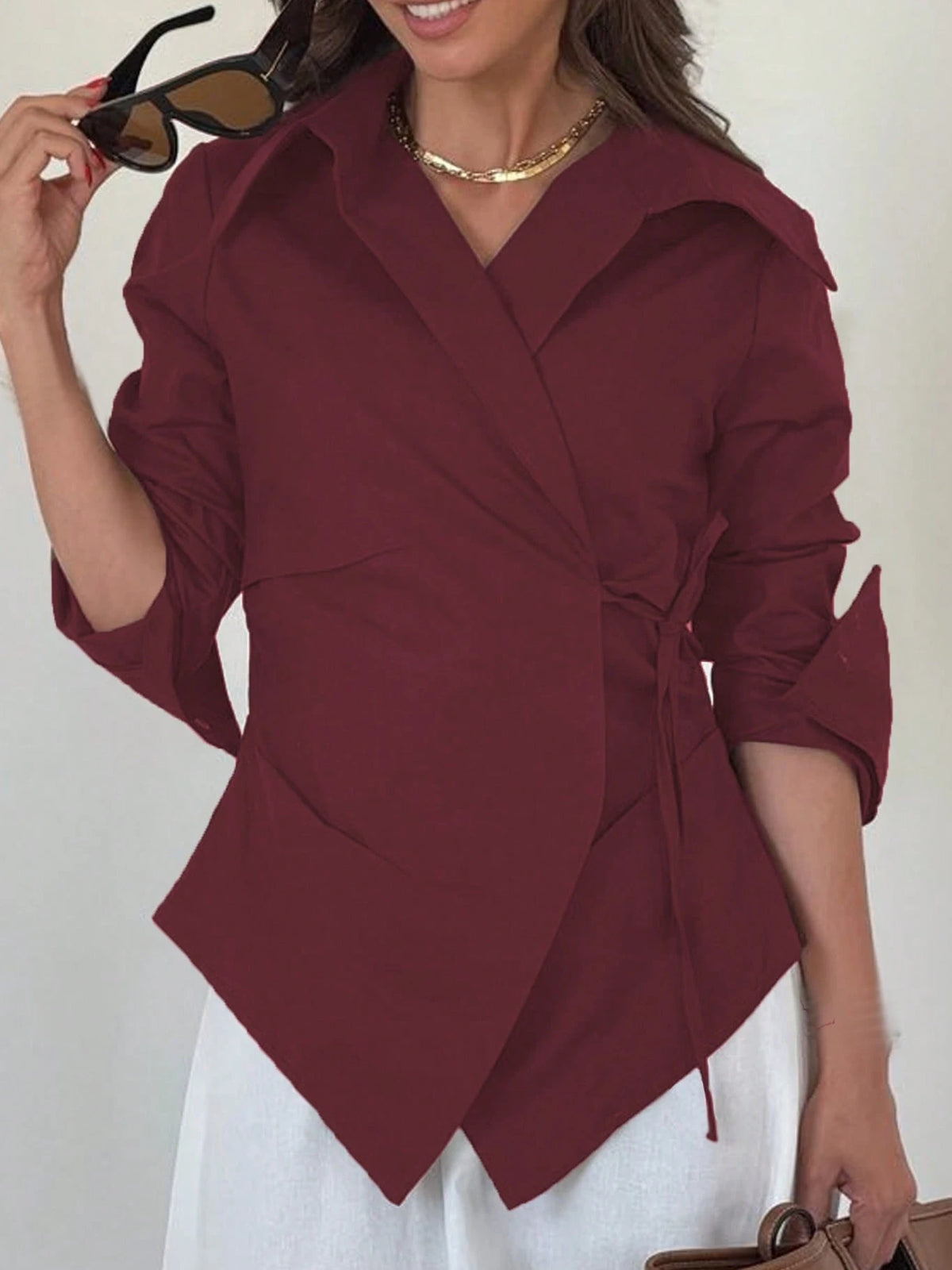 Women's Waist Tie Long Sleeve Unique Solid Color Casual Shirt, Polyester, Spring/Summer