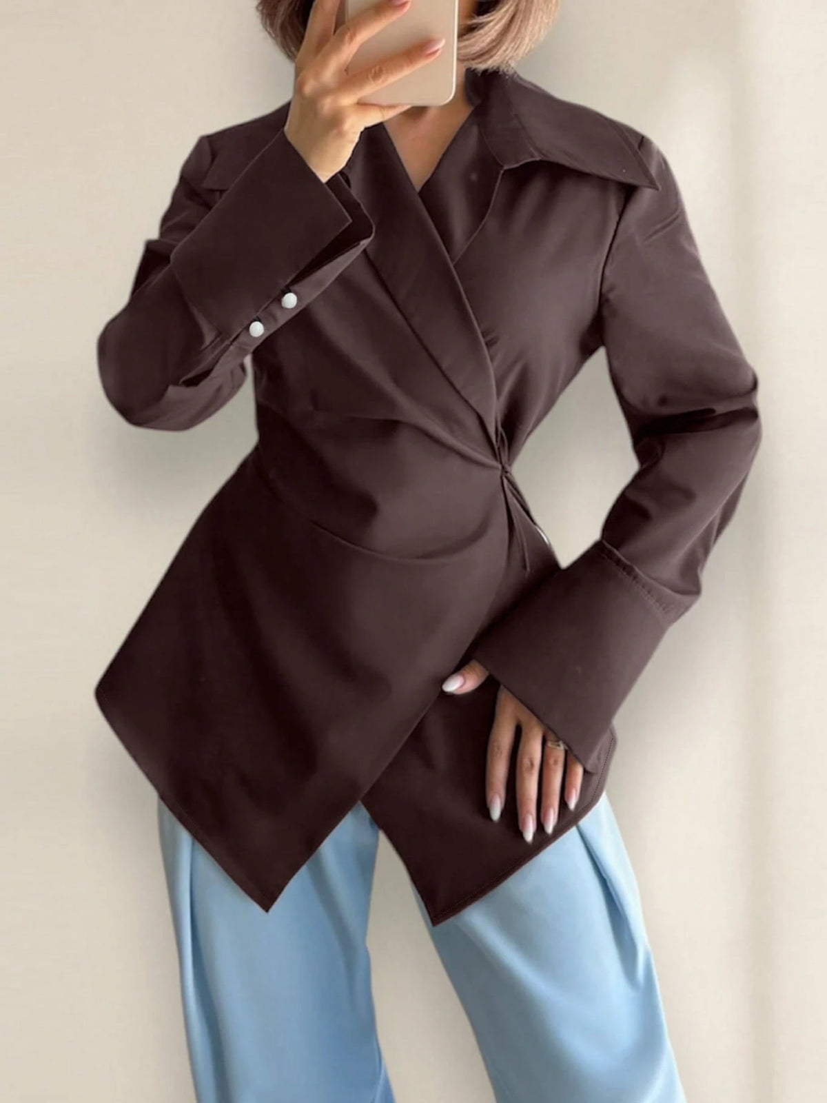 Women's Waist Tie Long Sleeve Unique Solid Color Casual Shirt, Polyester, Spring/Summer