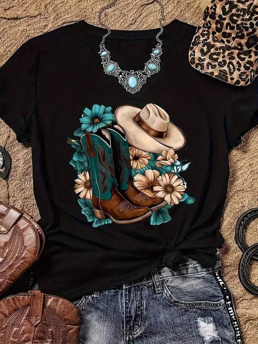 Women's Western-Style Denim T-Shirt Paired With Teal Denim Boots-A Soft, Crew-Neck Casual Top Perfect For Western-Themed Parties And Everyday Wear