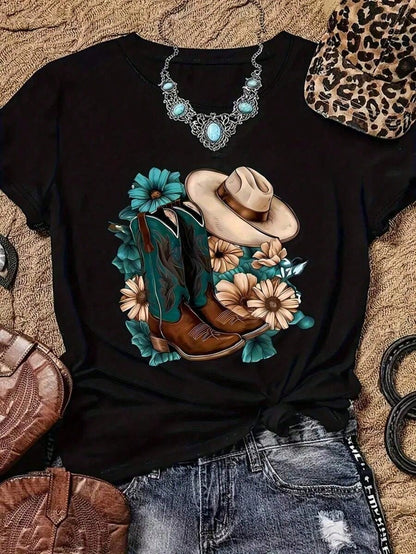 Women's Western-Style Denim T-Shirt Paired With Teal Denim Boots-A Soft, Crew-Neck Casual Top Perfect For Western-Themed Parties And Everyday Wear