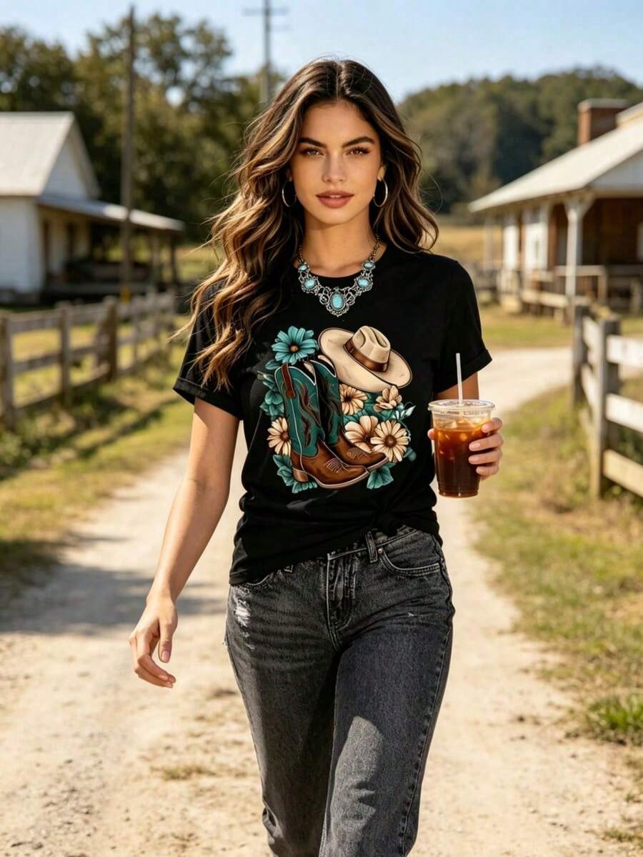Women's Western-Style Denim T-Shirt Paired With Teal Denim Boots-A Soft, Crew-Neck Casual Top Perfect For Western-Themed Parties And Everyday Wear