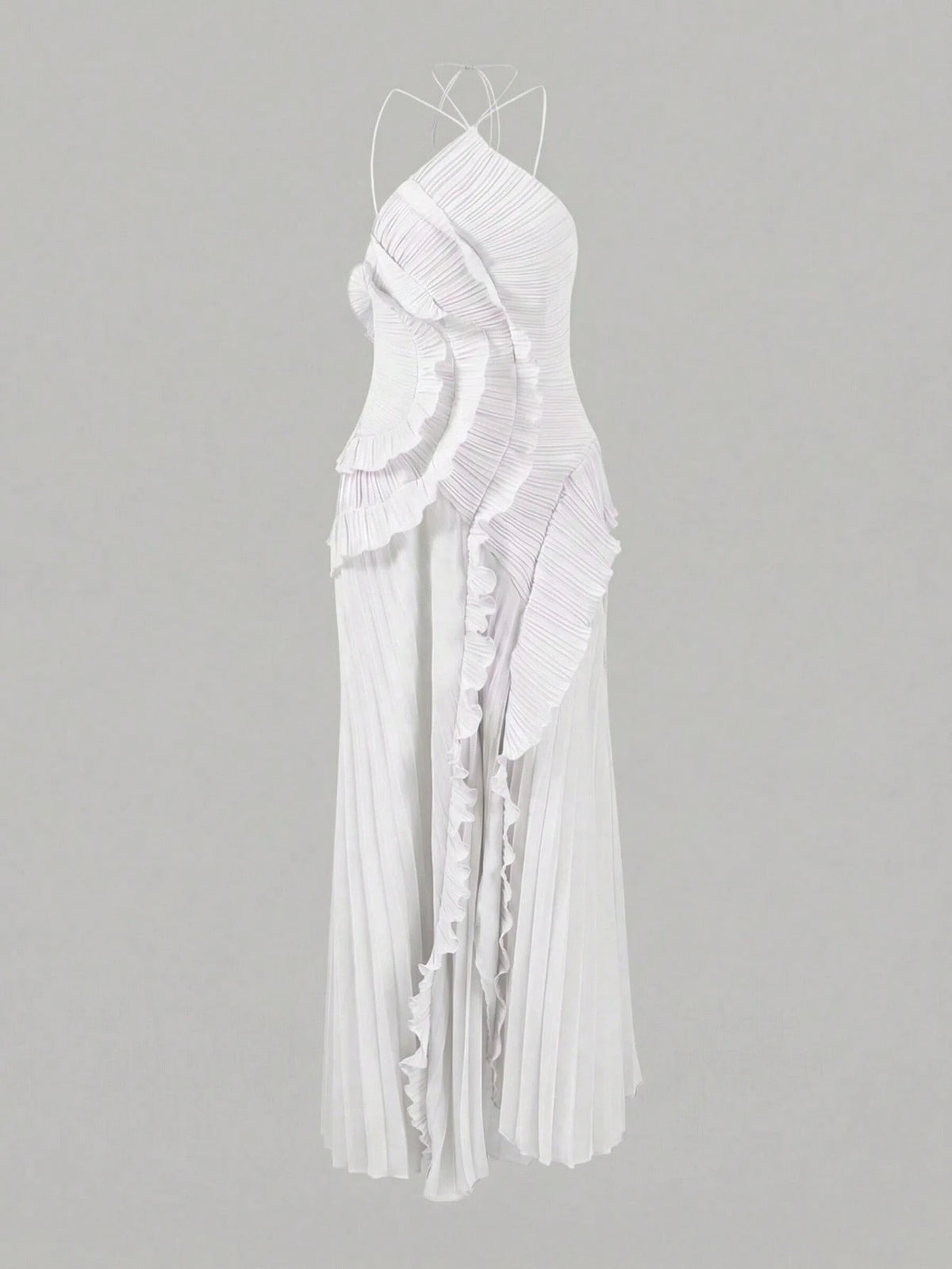 Women's White Lightweight Halter Neck Backless Ruffle Mid-Length A-Line Dress, Sleeveless Polyester Elegant Party, Vacationcore Summer
