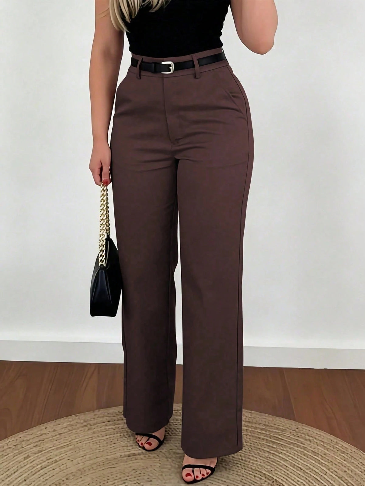 Women's Wide Leg Pants, Elegant Fashionable Commuter Wear With Pockets And No Belt, Bohemian Street Style Brown