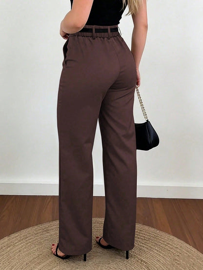 Women's Wide Leg Pants, Elegant Fashionable Commuter Wear With Pockets And No Belt, Bohemian Street Style Brown