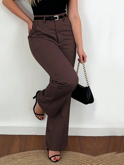 Women's Wide Leg Pants, Elegant Fashionable Commuter Wear With Pockets And No Belt, Bohemian Street Style Brown