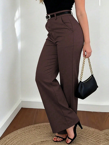 Women's Wide Leg Pants, Elegant Fashionable Commuter Wear With Pockets And No Belt, Bohemian Street Style Brown