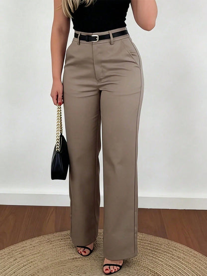 Women's Wide Leg Pants, Elegant Fashionable Commuter Wear With Pockets And No Belt, Bohemian Street Style Brown