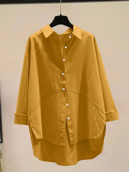 Women Simple Solid Color Button-Up Casual Shirt,Long Sleeve Tops Summer