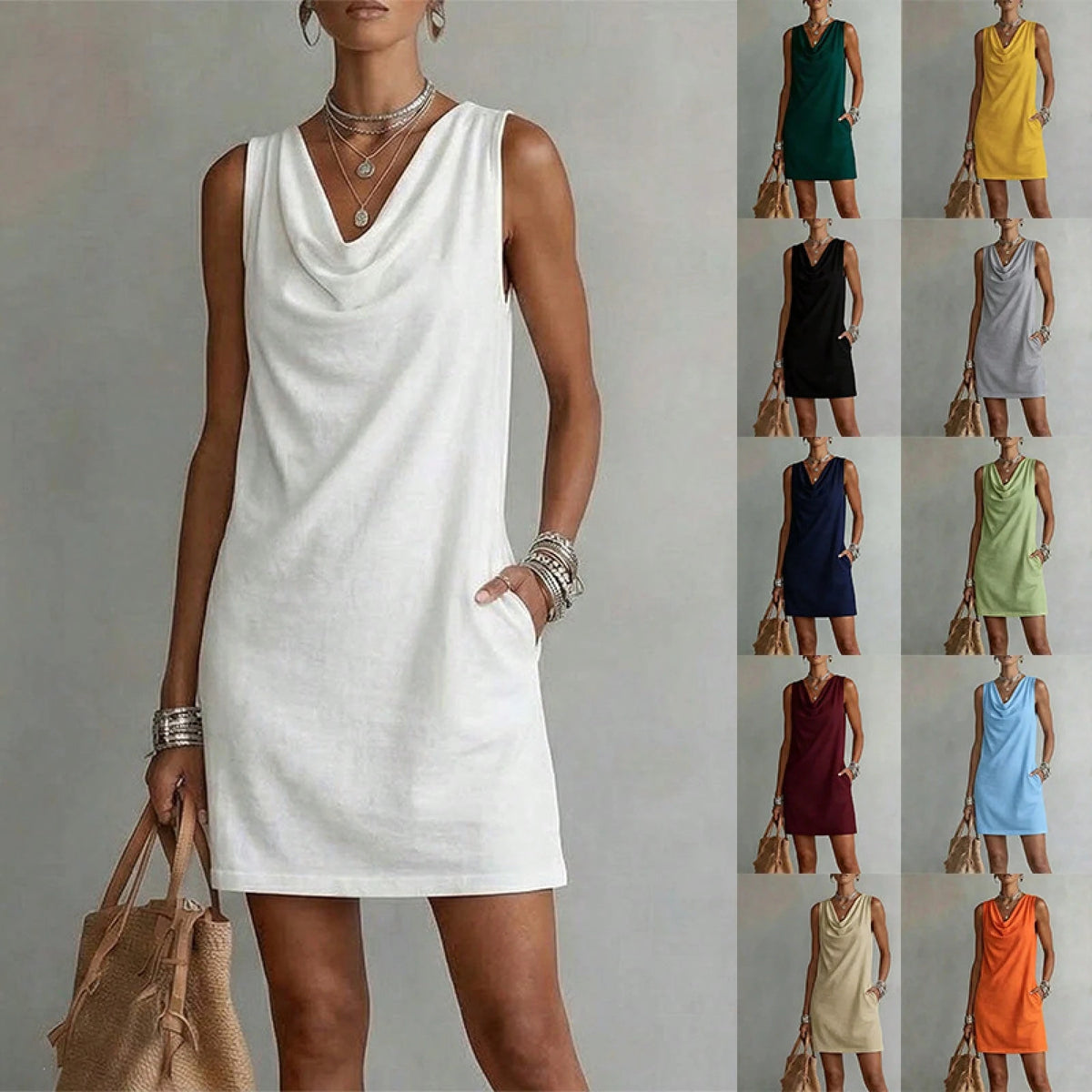 Women Solid Cowl Neck Sleeveless Mini Dress Side Pockets Loose Casual Summer Beach Cover Up Shift Dress