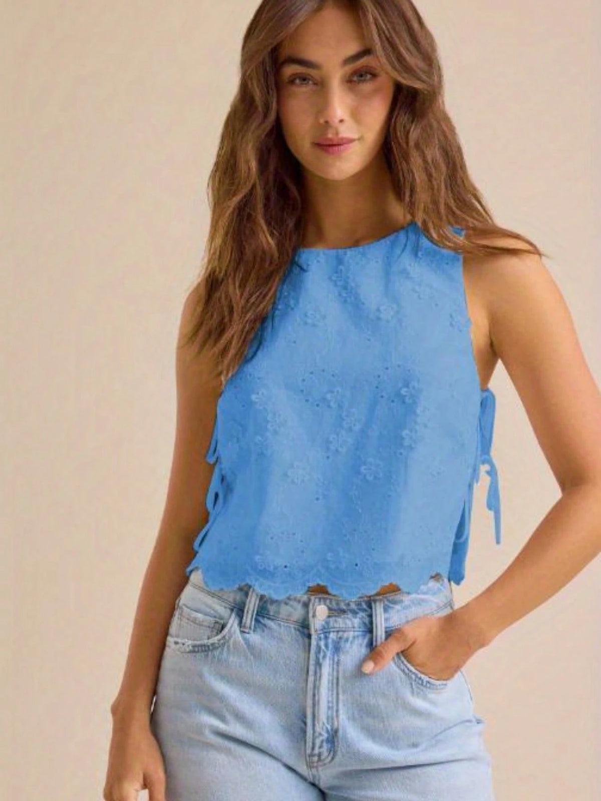 Women Summer Tank Tops Casual Tie Up Side Floral Embroidery Sleeveless Shirt Basic Vest For Streetwear