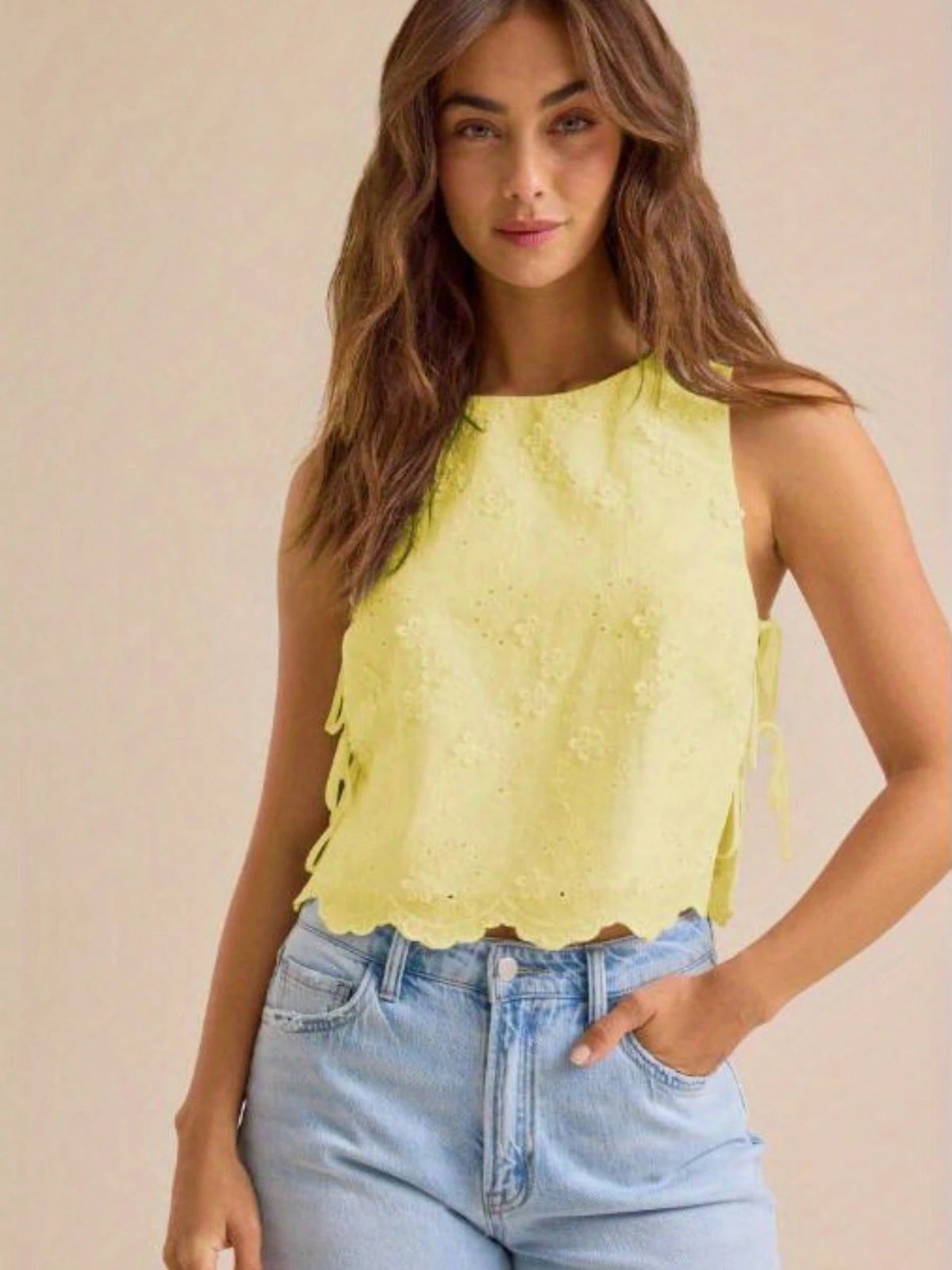 Women Summer Tank Tops Casual Tie Up Side Floral Embroidery Sleeveless Shirt Basic Vest For Streetwear