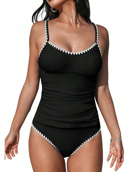 Women Two Piece Swimsuit Set Low Round Neck Tummy Control Adjustable Straps Shell Stitching Beach Bathing Suit