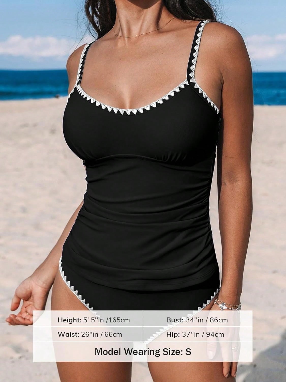Women Two Piece Swimsuit Set Low Round Neck Tummy Control Adjustable Straps Shell Stitching Beach Bathing Suit