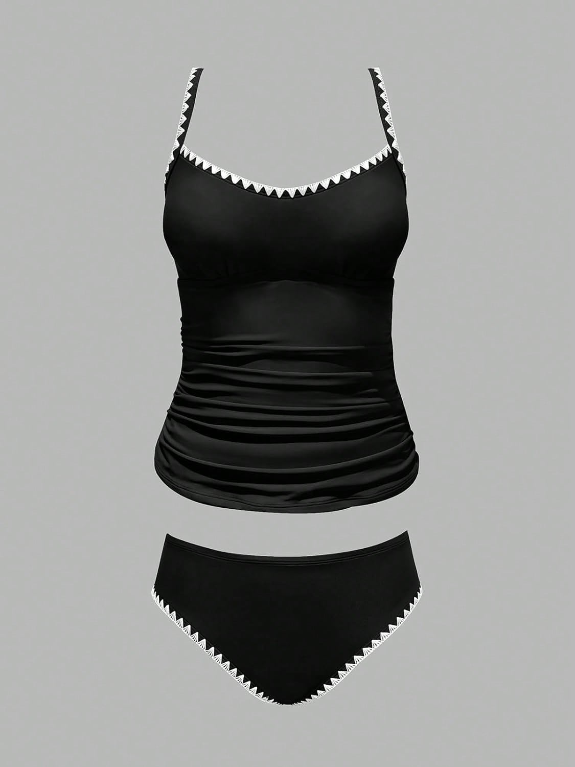 Women Two Piece Swimsuit Set Low Round Neck Tummy Control Adjustable Straps Shell Stitching Beach Bathing Suit