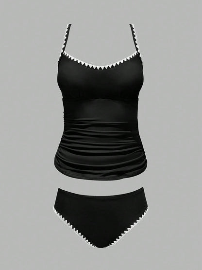 Women Two Piece Swimsuit Set Low Round Neck Tummy Control Adjustable Straps Shell Stitching Beach Bathing Suit