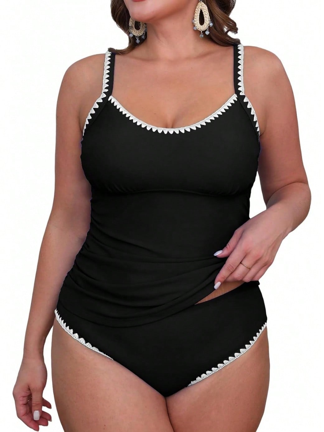 Women Two Piece Swimsuit Set Low Round Neck Tummy Control Adjustable Straps Shell Stitching Beach Bathing Suit
