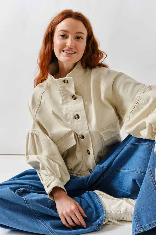 Women's Balloon Sleeve Twill Jacket - Cream