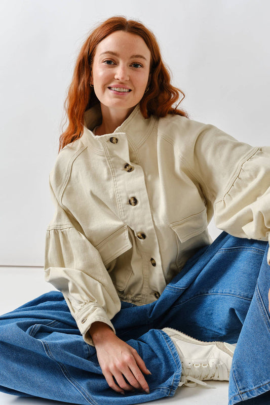 Women's Balloon Sleeve Twill Jacket - Cream