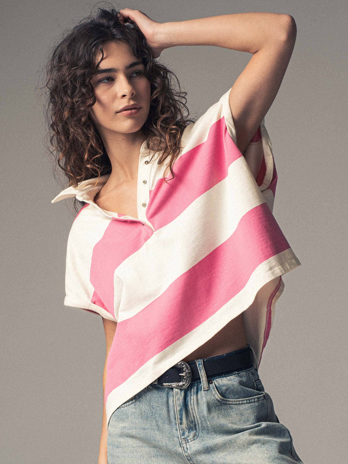 Women's Bold Striped Dolman Sleeve Polo Shirt - Ivory/Pink