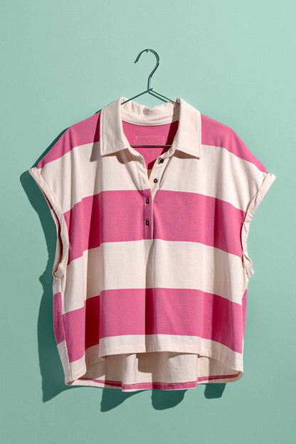 Women's Bold Striped Dolman Sleeve Polo Shirt - Ivory/Pink