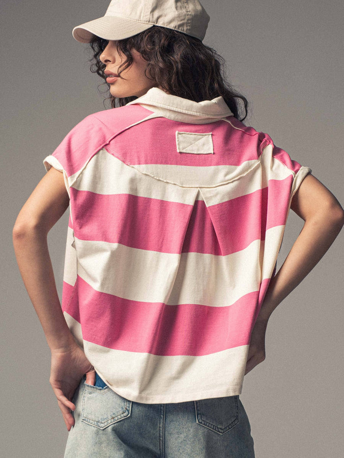 Women's Bold Striped Dolman Sleeve Polo Shirt - Ivory/Pink