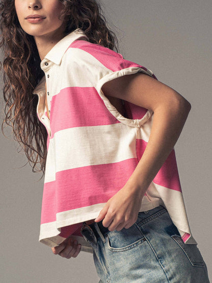 Women's Bold Striped Dolman Sleeve Polo Shirt - Ivory/Pink