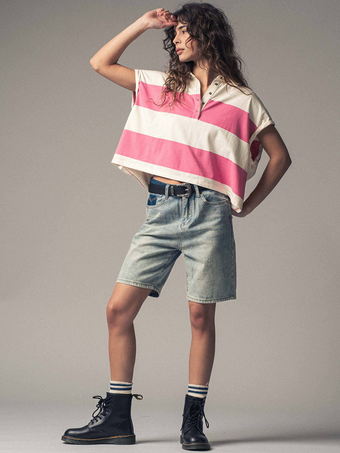 Women's Bold Striped Dolman Sleeve Polo Shirt - Ivory/Pink