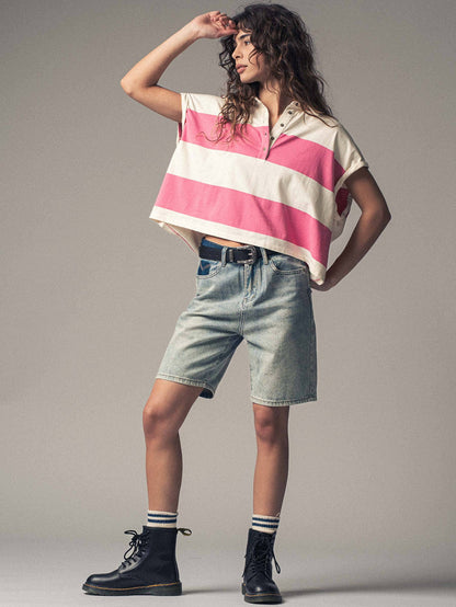 Women's Bold Striped Dolman Sleeve Polo Shirt - Ivory/Pink