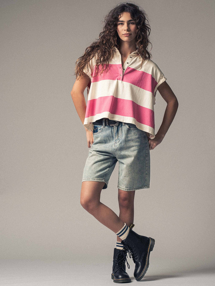 Women's Bold Striped Dolman Sleeve Polo Shirt - Ivory/Pink