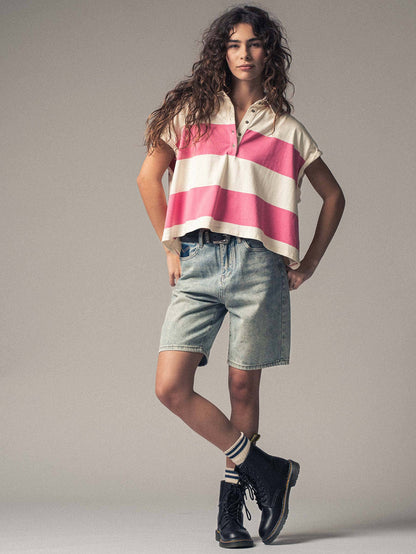 Women's Bold Striped Dolman Sleeve Polo Shirt - Ivory/Pink
