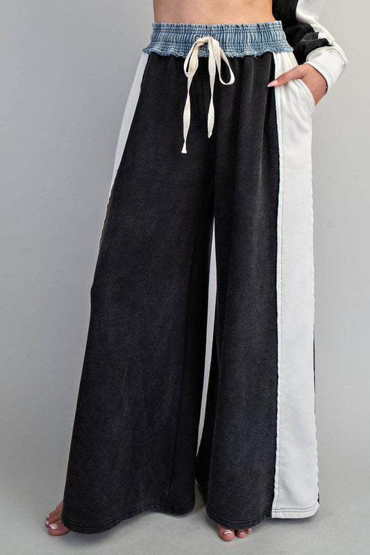 Women's Color Block Denim Drawstring Pants - Ash Black/White