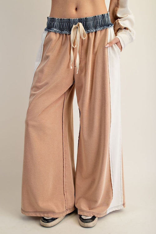 Women's Color Block Denim Drawstring Pants - Red Bean/White
