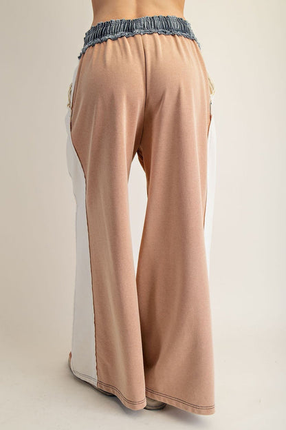 Women's Color Block Denim Drawstring Pants - Red Bean/White