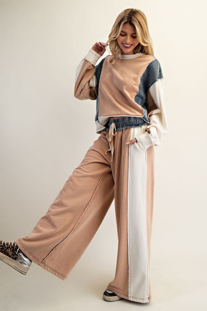 Women's Color Block Denim Drawstring Pants - Red Bean/White