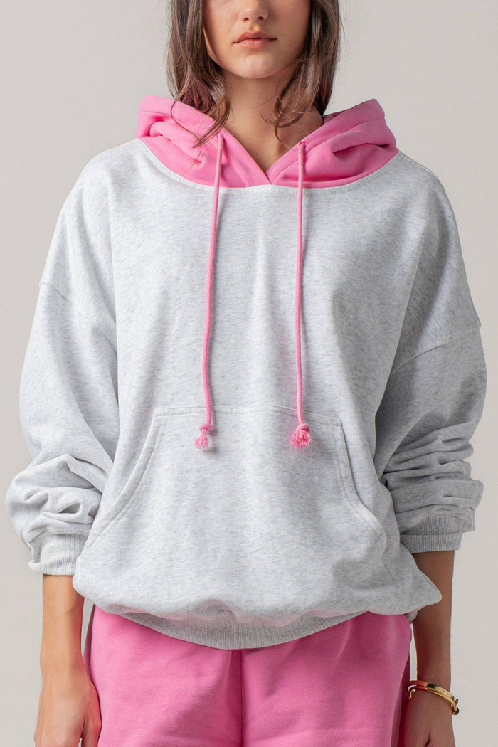 Women's Contrast Hood Colorblock Pullover Hoodie - Pink