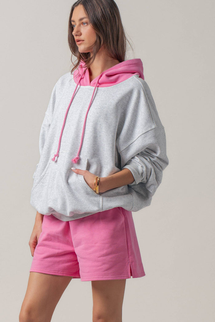 Women's Contrast Hood Colorblock Pullover Hoodie - Pink