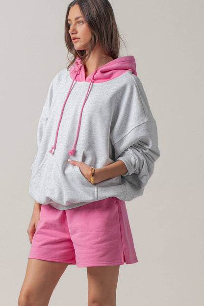 Women's Contrast Hood Colorblock Pullover Hoodie - Pink