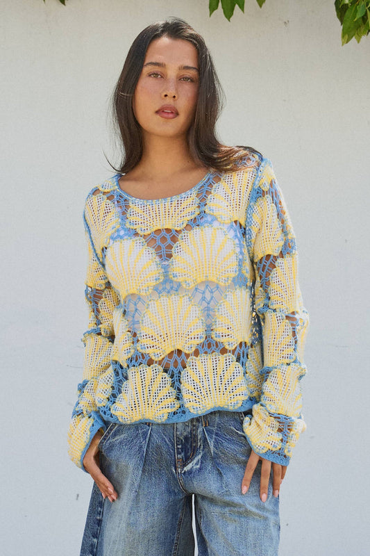 Women's Crochet Lace Seashell Scalloped Knit Top (Final Sale)