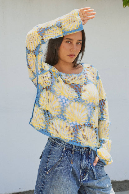 Women's Crochet Lace Seashell Scalloped Knit Top (Final Sale)