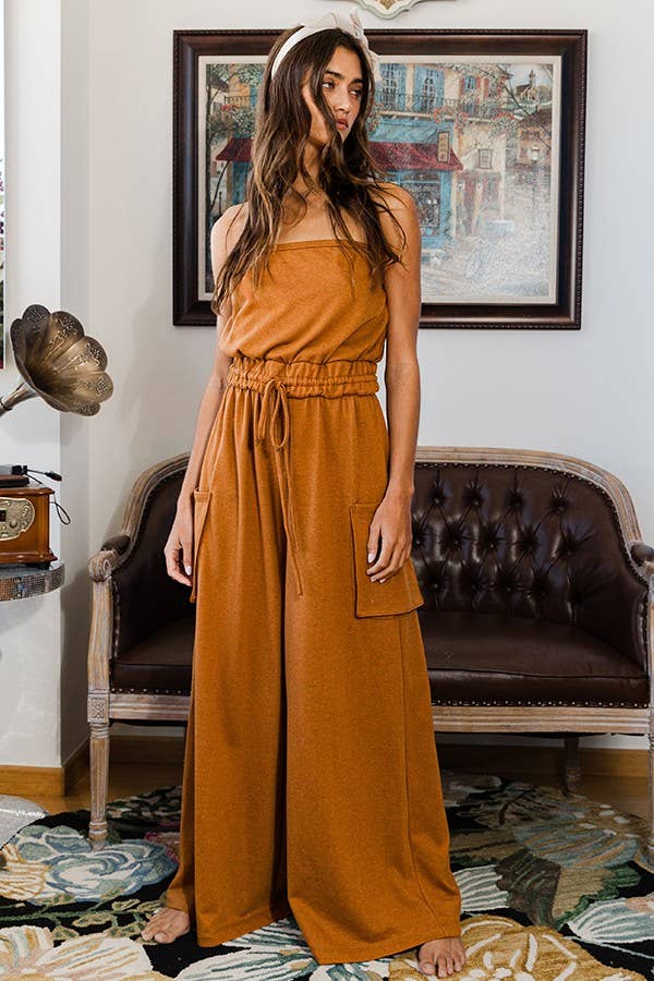 Women's Drawstring Waist Strapless Jumpsuit - Camel (Final Sale)