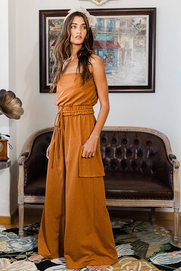 Women's Drawstring Waist Strapless Jumpsuit - Camel (Final Sale)